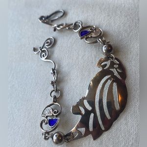 Vintage Art Deco Sterling Silver Enamel Tropicalia Parrot Bracelet